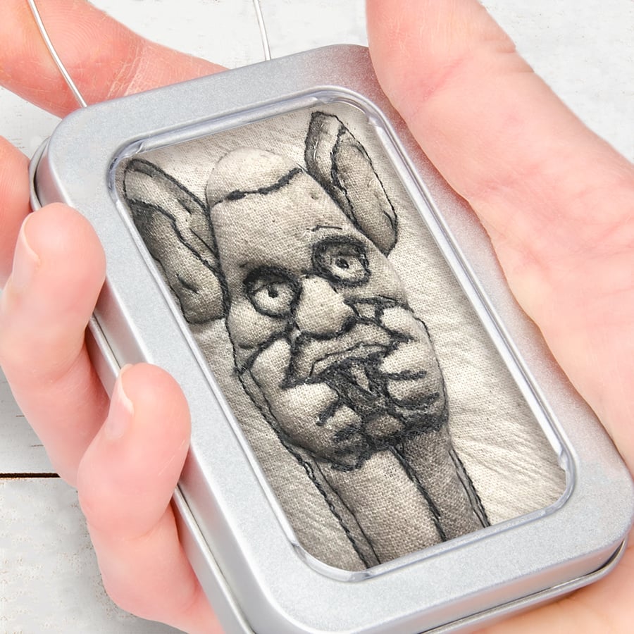 Gargoyle, little 3D fabric gargoyle picture framed in tin, gift, ornament