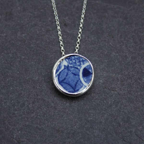 Blue and White Patterned Sea Pottery and Recycled Sterling Silver Necklace