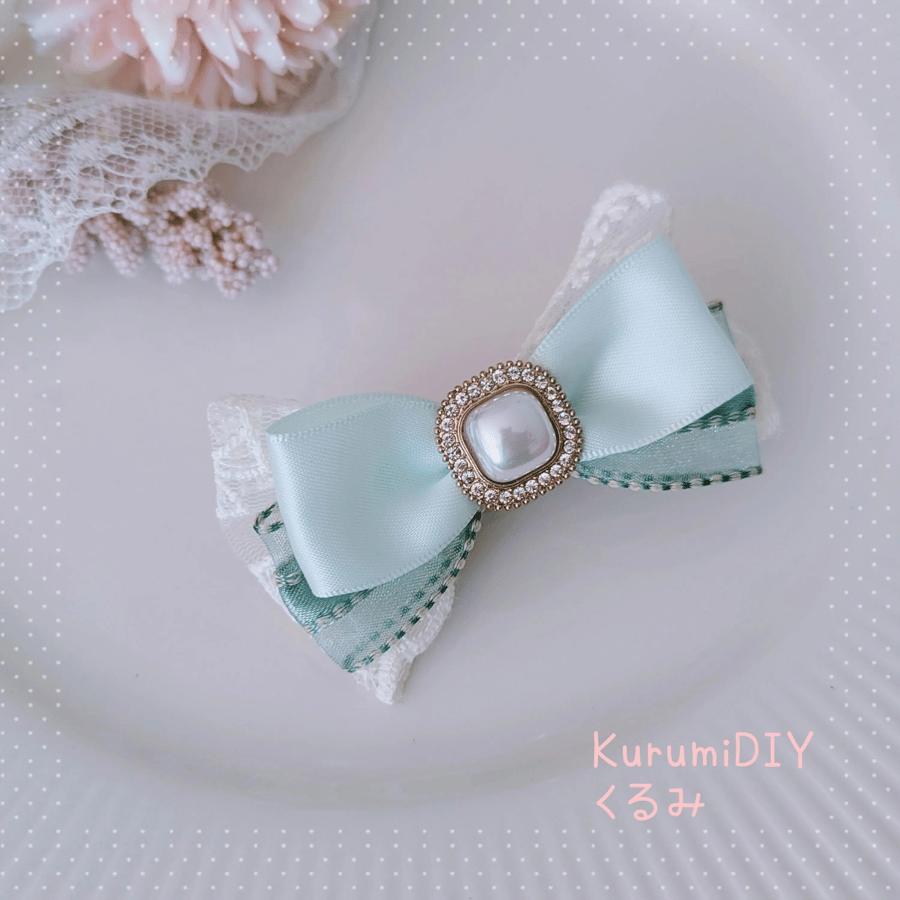 Handmade Green Bow & Lace (3 layered) Hair Barette