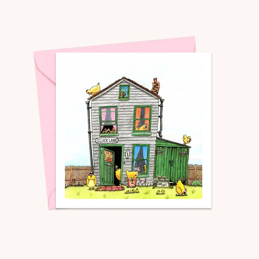 Whimsical Chicken Coop Greeting Card: Hen House Pencil Illustration (225)