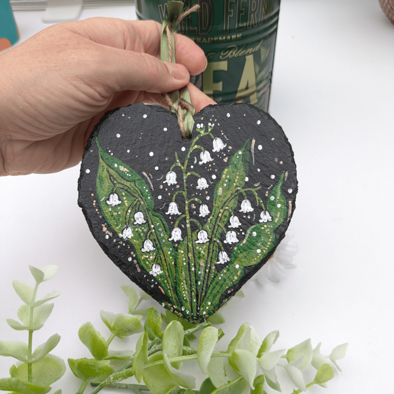 Lily of the valley hand-painted slate heart ornament 