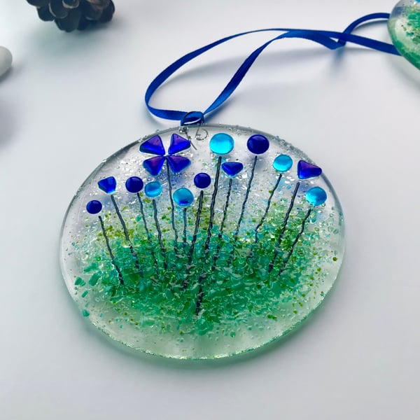 Fused glass suncatcher with blue flowers, housewarming gift, floral