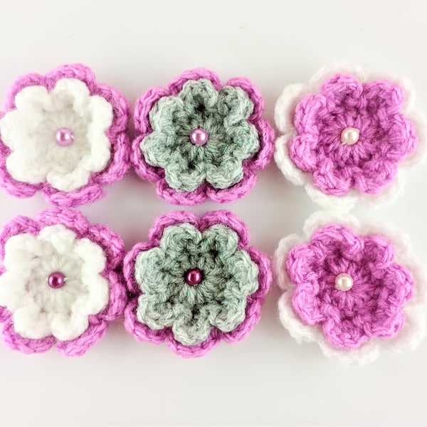 Crochet flowers X 6 in pink, white and grey with bead embellishiment