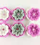 Crochet flowers X 6 in pink, white and grey with bead embellishiment