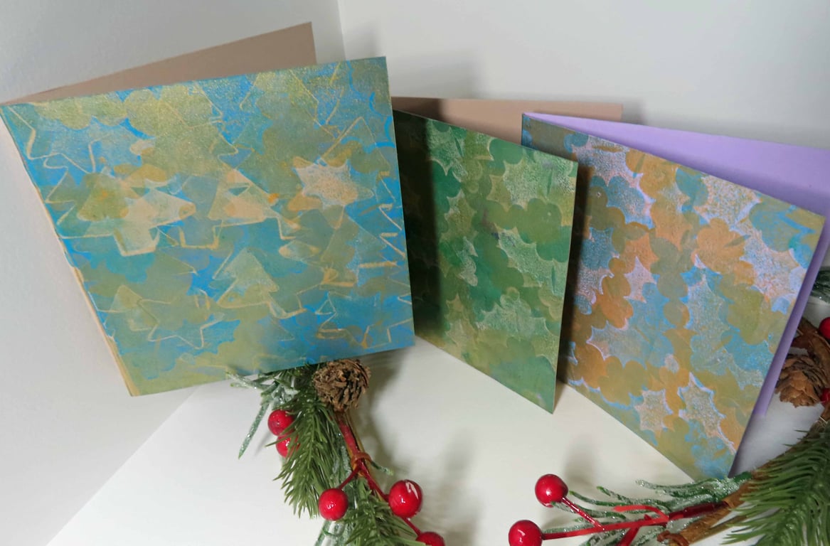 Christmas Gelli Printed Art Greeting Cards Set One Off Holly