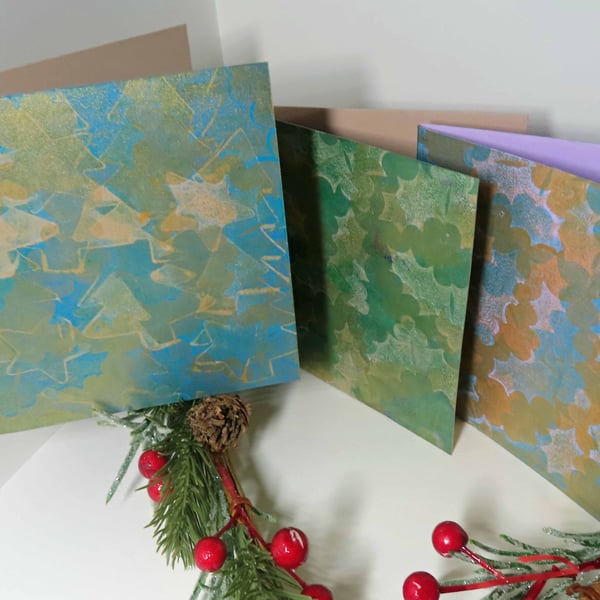 Christmas Gelli Printed Art Greeting Cards Set One Off Holly