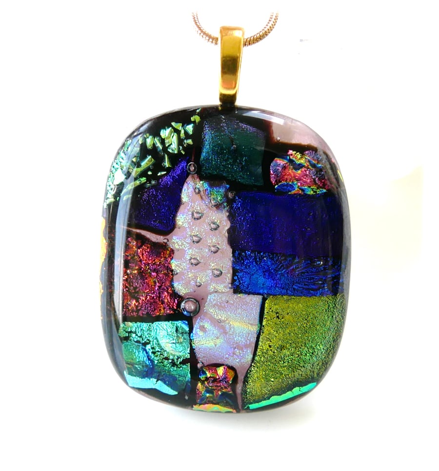 Dichroic Glass S017 Supersize Patchwork 3-layer Pendant with Gold plated chain