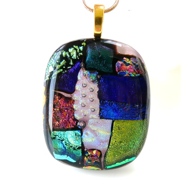 Dichroic Glass S017 Supersize Patchwork 3-layer Pendant with Gold plated chain