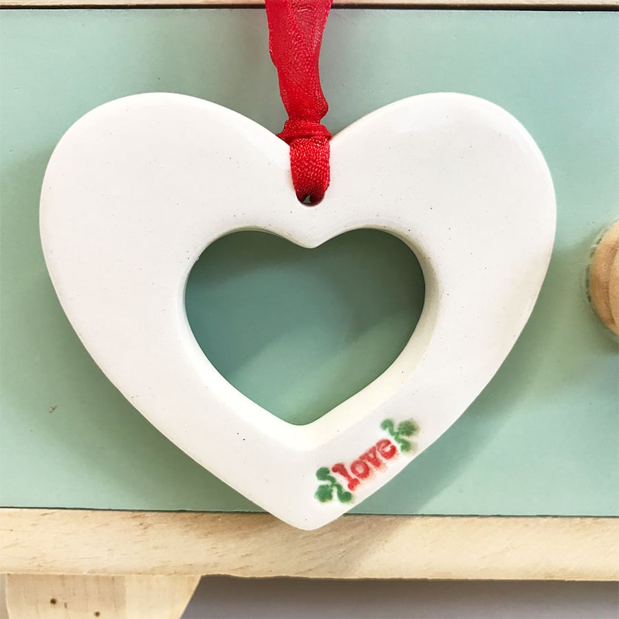 Cream Ceramic heart decoration with Love motif