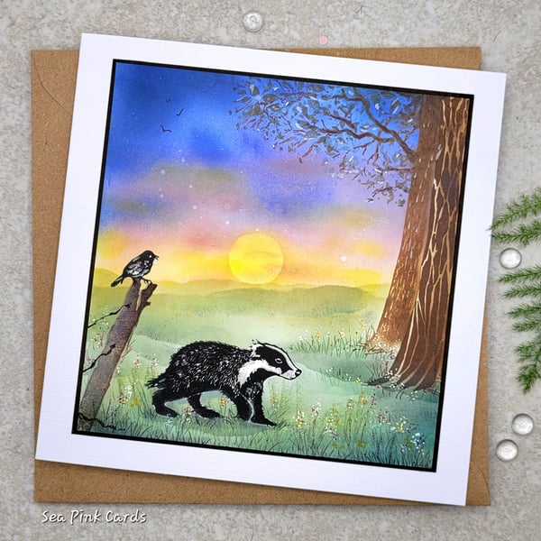 Card - blank cards, handmade, twilight, spring, badger, birthday, fathers day