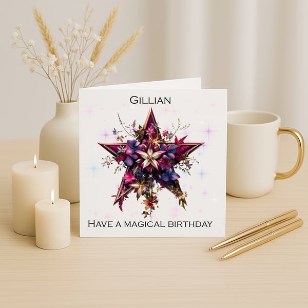 Floral Red, Purple & Gold Pentagram Personalised Birthday Card