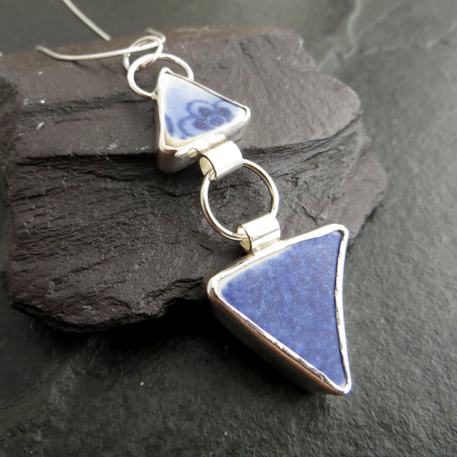 Blue and White Sea Pottery Pendant, Sterling Silver, Broken China Jewellery