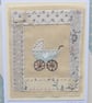 Little pram embroidered card to welcome a new baby, silk bow and mop button - Image 3