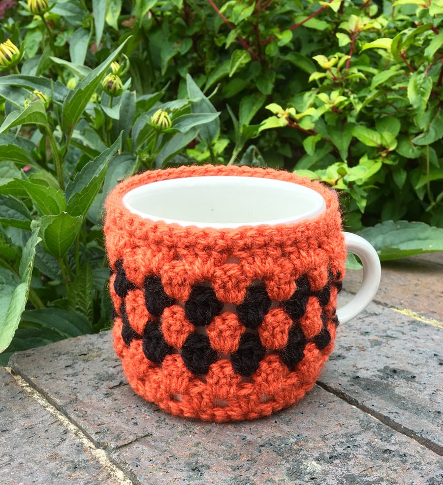 Orange and Black Mug Cosy, Crochet Stripe Cup Cozy
