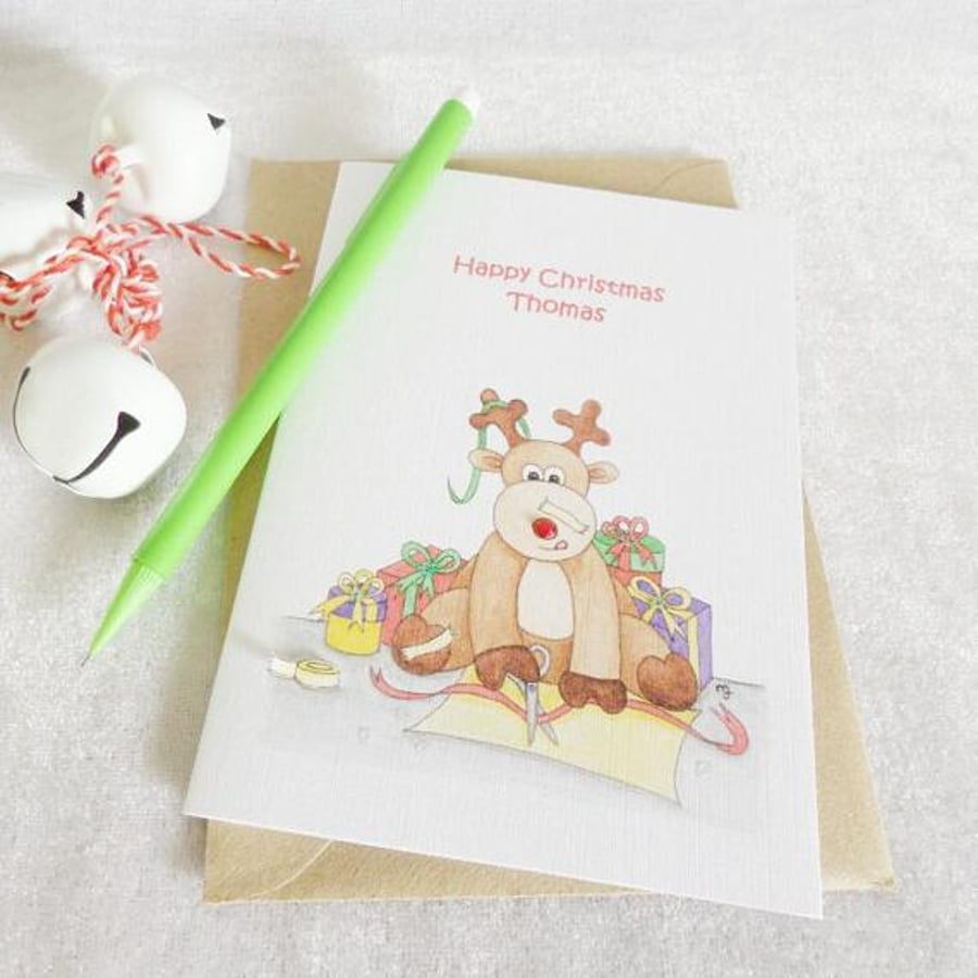 Rudolph Reindeer Christmas Card - Personalised 