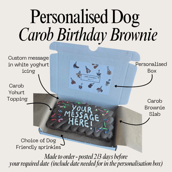 Personalised Dog Birthday Brownie treat box, Homemade iced carob brownie