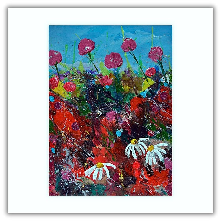 A mixed media painting - red and white wildflowers - letterbox gift