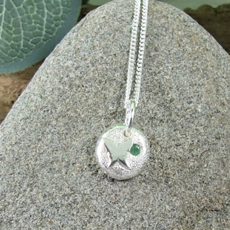 Silver Pebble Emerald Necklace with Butterfly