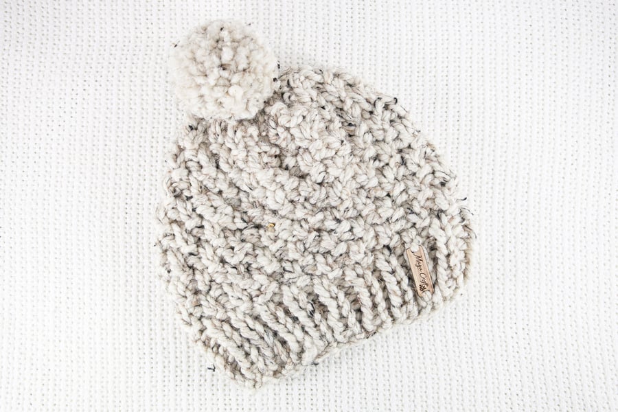 Thick Chunky Oatmeal Bobble Hat. Pom Pom Hat. Hand Knitted Wool Blend Beanie.