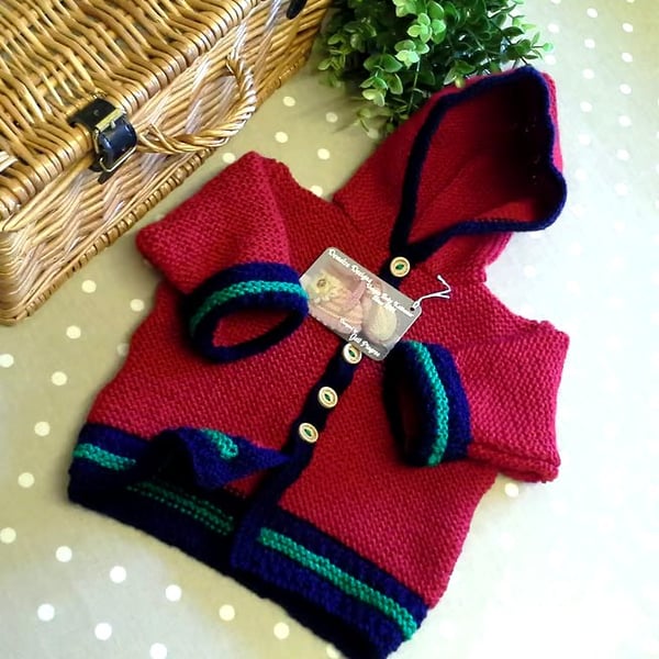 SALE Hand Knitted Unisex Baby Hooded Jacket  6- 12 months size 