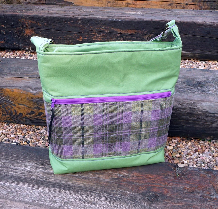 Wax canvas crossbody bag purple green british wool tweed green water repellent..