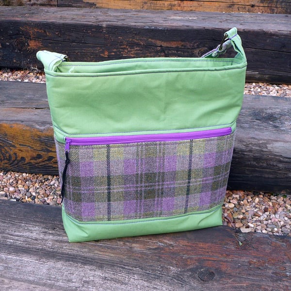 Wax canvas crossbody bag purple green tweed shoulder bag green water repellent..