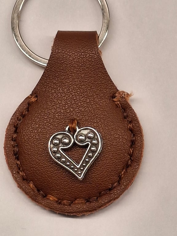 Brown Leather, Hand stitched  Keyring with a small  Metal Heart. FREE Postage