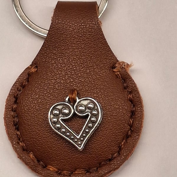 Brown Leather, Hand stitched  Keyring with a small  Metal Heart. FREE Postage