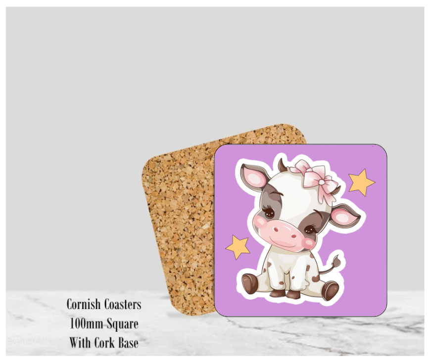 Purple Happy Cow Coaster 4" Square With Cork Base
