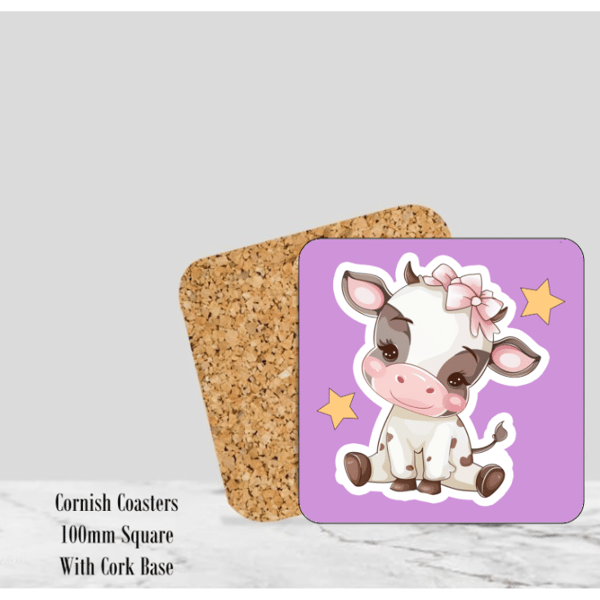 Purple Happy Cow Coaster 4" Square With Cork Base