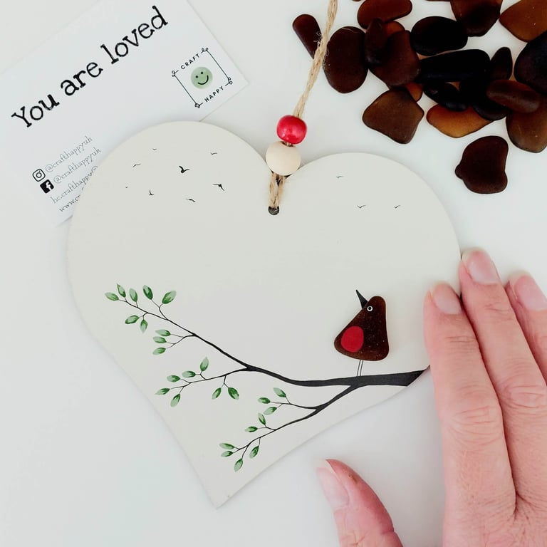 Sea Glass Robin Heart Decoration - Beach Glass Ornament on Wooden Heart