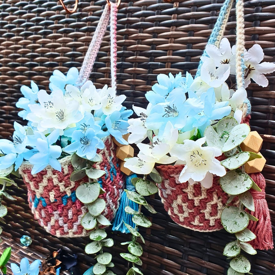 Hanging Baskets Set, Mosaic Crochet Hanging Storage Basket, Wall Storage Decor