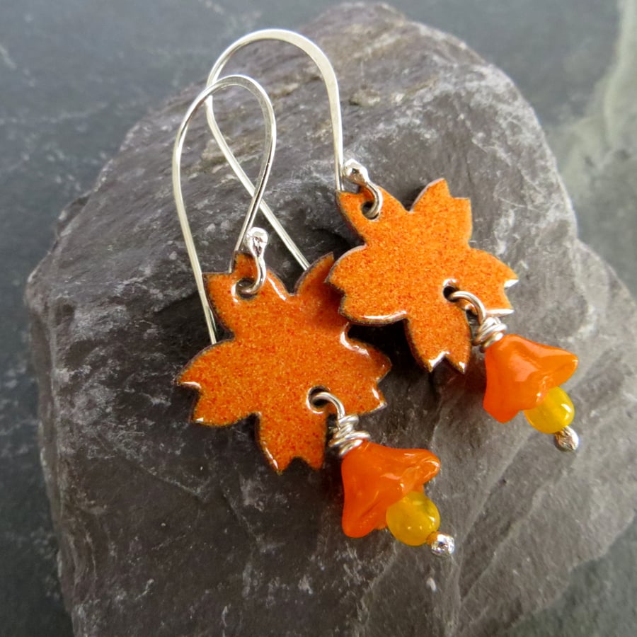 Bright Orange Enamel Flower Earrings