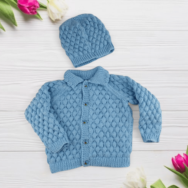 Hand Knitted Baby Boy Gift Set – Blue Cardigan & Hat, Bubble Stitch, 0-9 Months