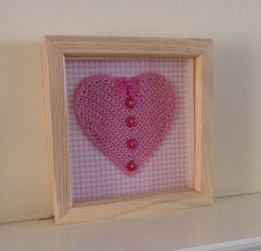 Crocheted Heart in Pink in a Box Frame