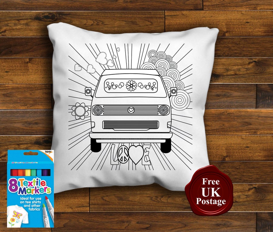 T25 Campervan Colouring Cushion With or Without Fabric Pens Choose Your Size
