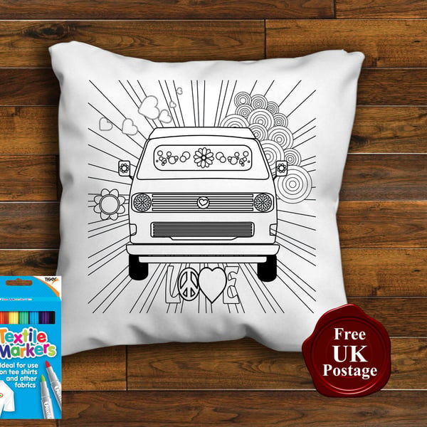 T25 Campervan Colouring Cushion With or Without Fabric Pens Choose Your Size