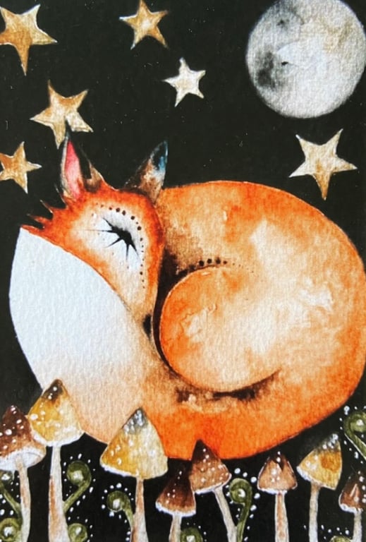 Mounted Print from my Original Resting Fox under the Moon and Stars  Painting