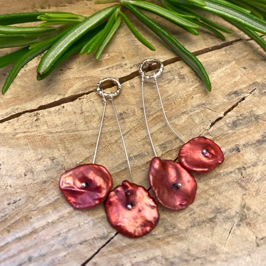 Red Poppies Pearl Earrings, Silver DangleDrop, Freshwater Keishi Pearls Berries