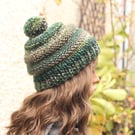 Knitted beanie bobble hat, super chunky cap winter autumn green, brown mix, 