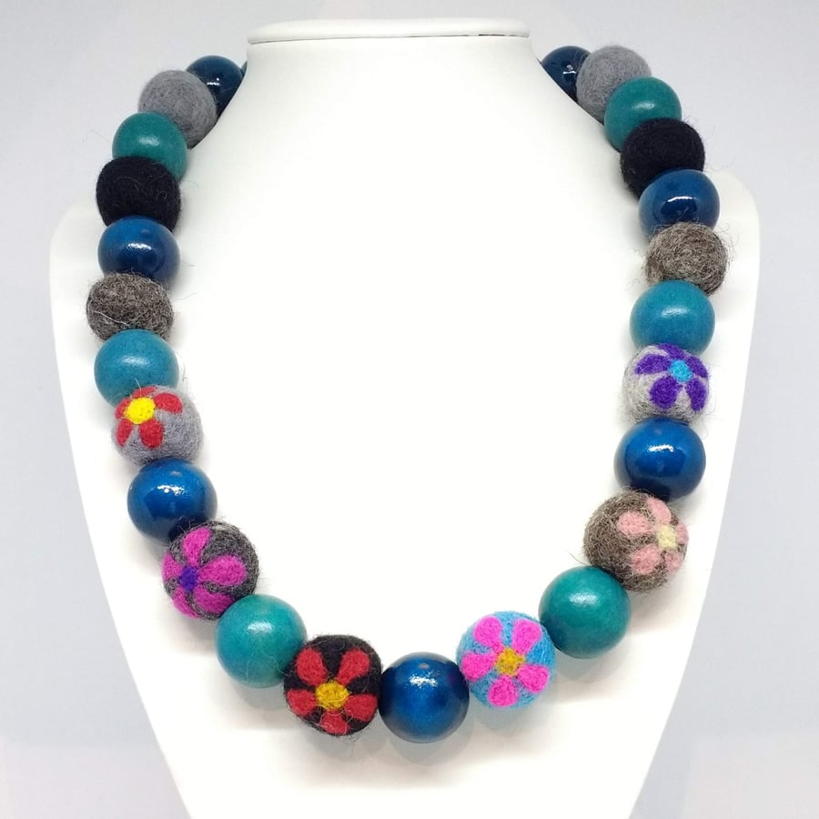 Flowered Felt Beads with Teal Wood Beads Necklace
