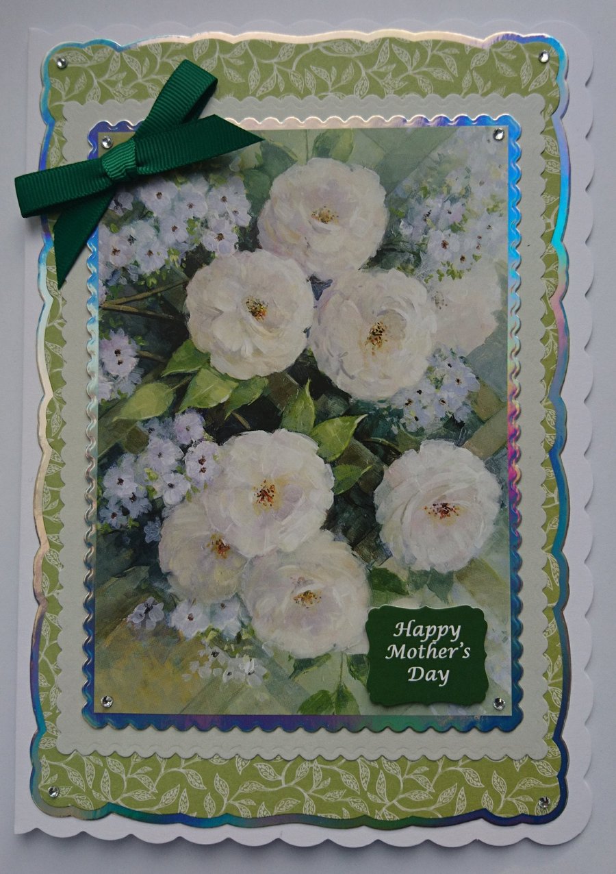 3D Luxury Handmade Card Happy Mother's Day Vintage White Roses Flowers