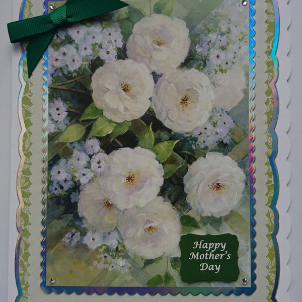 3D Luxury Handmade Card Happy Mother's Day Vintage White Roses Flowers