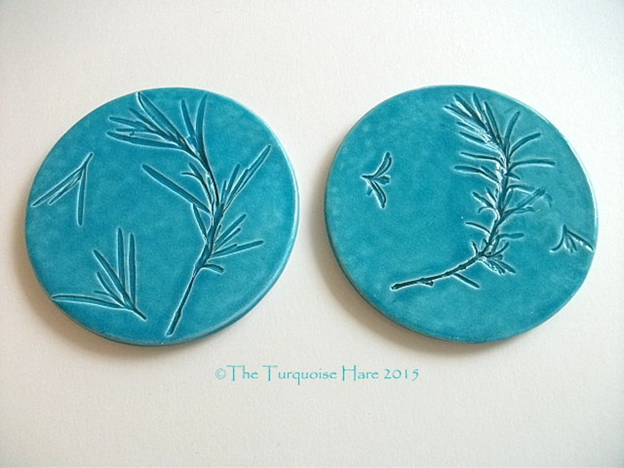 Ceramic Turquoise Coasters imprinted with Rosemary  - Set of 2