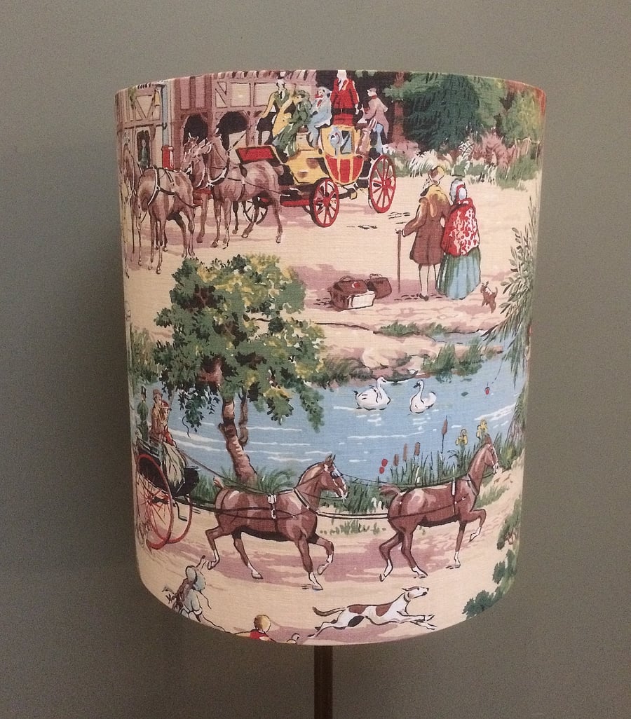 Lovely 30s 40s VILLAGE COUNTRY PUB scene Horses Vintage Fabric Lampshade