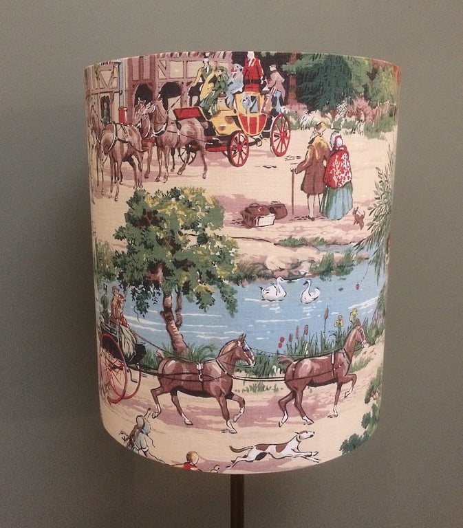 Lovely 30s 40s VILLAGE COUNTRY PUB scene Horses Vintage Fabric Lampshade