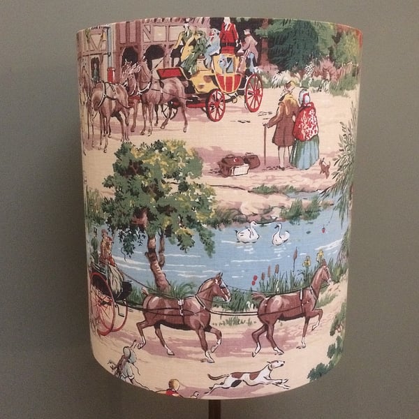 Lovely 30s 40s VILLAGE COUNTRY PUB scene Horses Vintage Fabric Lampshade