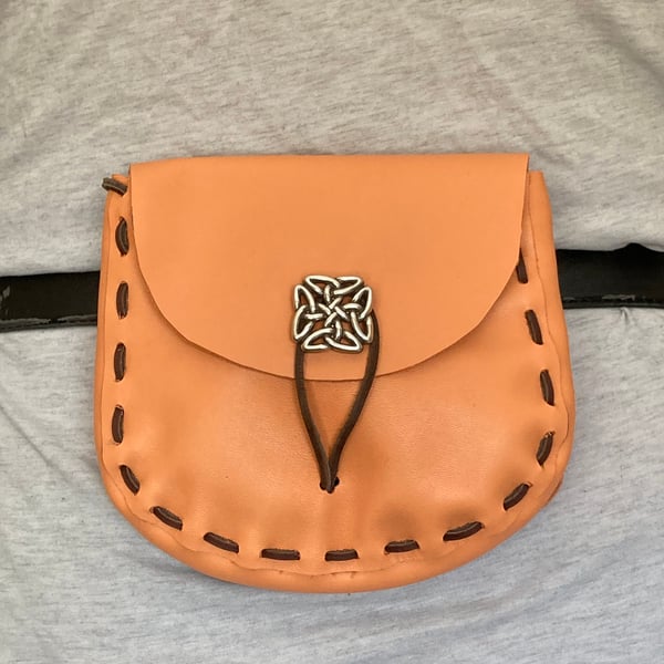 Peach Coloured Leather Medieval Style Pouch with Celtic Knot Closure