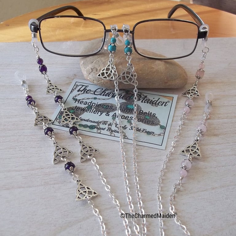 Celtic Triquetra Gemstone Glasses Chain, Eye Jewellery, Various Beads