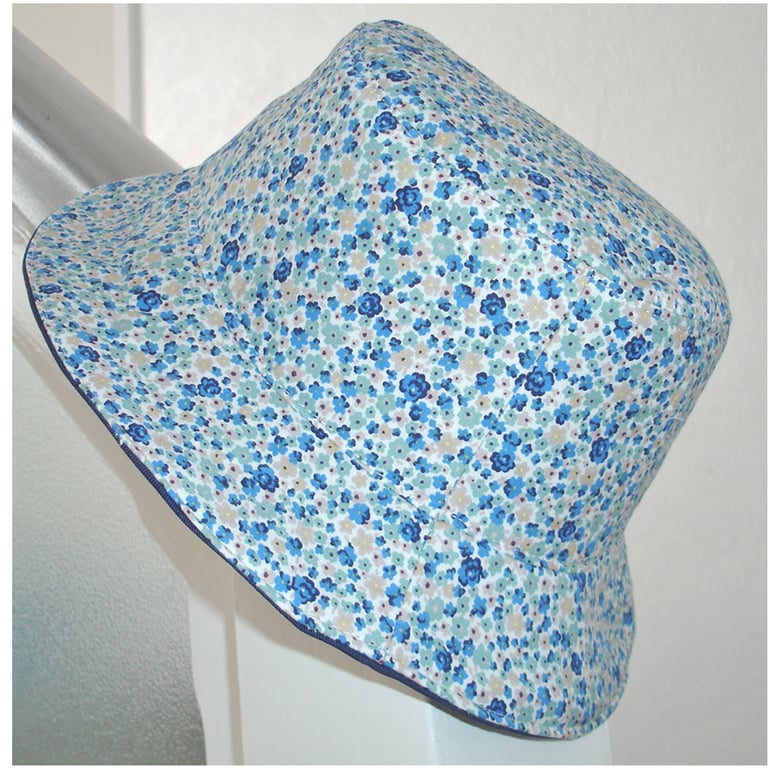 Blue Summer Hat Bucket Hat Ditsy Floral Navy Blue Duck Egg Reversible Sun Hat